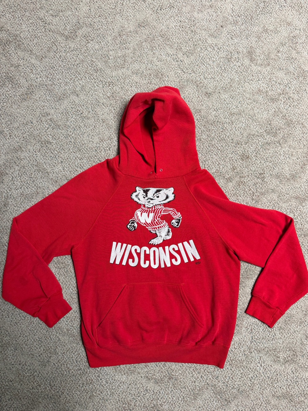 Vintage Wisconsin Red Raglan Hooded Sweatshirt - Collegiate Pullover